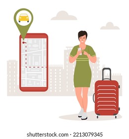 Ilustración vectorial La mujer utiliza la aplicación en el teléfono celular para el alquiler de un coche. Compartir coches Compartir clubes de coches con búsqueda digital en línea. Alquiler de coches Vehículos Transporte Movilidad Red de Transporte