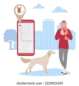 Vector illustration Woman uses application on cell phone for search the nearest pet shop. Pet supplies store. Dog food. Digital online search. Route. People. Location. Map app