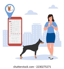 Vector illustration Woman uses application on cell phone for search the nearest pet shop. Pet supplies store. Dog food. Digital online search. Route. People. Location. Map app