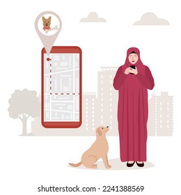 Vector illustration Woman uses application on cell phone for search the nearest pet shop. Pet supplies store. Dog food. Digital online search. Route. People. Location. Map app