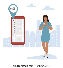 Ilustración vectorial Woman utiliza la aplicación en el teléfono celular para buscar el alquiler de bicicletas. Sistema compartido. Servicio de transporte público Personas. Ruta. aplicación Mapa de ubicación