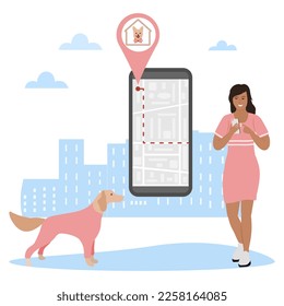 Vector illustration Woman uses application on cell phone for search the dog shelter, pet hotel, hotel for overexposure of animals. Digital online search. Route. People. Location. Map app