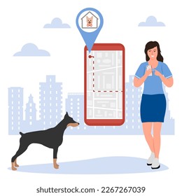Vector illustration Woman uses application on cell phone for search the dog shelter, pet hotel, hotel for overexposure of animals. Digital online search. Route. People. Location. Map app
