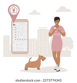 Vector illustration Woman uses application on cell phone for search the dog shelter, pet hotel, hotel for overexposure of animals. Digital online search. Route. People. Location. Map app