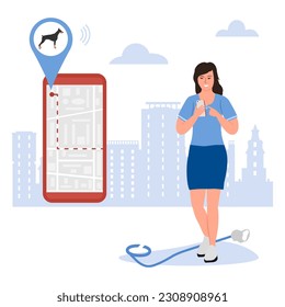 Vector illustration Woman uses application on cell phone for search the lost dog by GPS tracker. Cellphone with a city map shows the movement of pet. Digital Online Route. Location. Pet tracking app