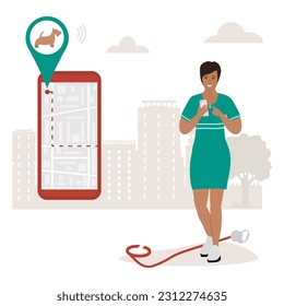 Vector illustration Woman uses application on cell phone for search the lost dog by GPS tracker. Cellphone with a city map shows the movement of pet. Digital Online Route. Location. Pet tracking app