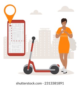 Vector illustration Woman uses application on cell phone for search the nearest rental, parking of electric scooters. Scooter-sharing system Public transport service People. Route. Location Map app