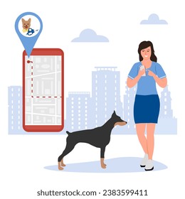 Vector illustration Woman uses application on cell phone for search the nearest pet groomer. Professional grooming, hair salon for dogs. Domestic animal. Digital online Route. People. Location Map app