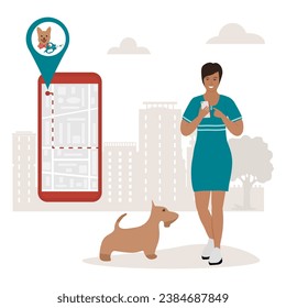 Vector illustration Woman uses application on cell phone for search the nearest pet groomer. Professional grooming, hair salon for dogs. Domestic animal. Digital online Route. People. Location Map app