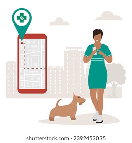 Vector illustration Woman uses application on cell phone for search the nearest veterinary clinic. Vet Doctor Medical support Pet checkup Veterinarian Domestic animal. People. Location Map app