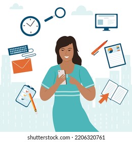 Vector illustration Woman uses applications on cell phone for work. Social media. Information flow, internet communication via messenger, data transfer, online instant messaging. Time management