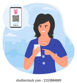 Vector illustration Woman uses cell phone app to scan QR code payment. Electronic wallet. Barcode reader. Cashless technology. Digital money. Covid New normal