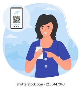 Vector illustration Woman uses cell phone app to scan QR code payment. Electronic wallet. Barcode reader. Cashless technology. Digital money. Covid New normal