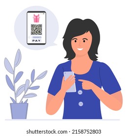 Vector Illustration Woman Uses Cell Phone App To Scan QR Code Payment. Electronic Wallet. Barcode Reader. Cashless Technology. Digital Money. Covid New Normal