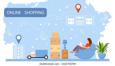 Ilustración vectorial Woman utiliza un sitio web en laptop para pedir productos. Compras en línea. Pedidos de artículos en Internet. Entrega rápida desde la tienda. Compra en línea desde casa.