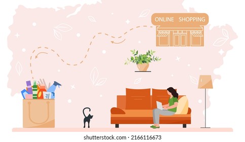 Vector illustration Woman uses a website on laptop to order household supplies. Online shopping. Ordering items and products on the Internet. Fast delivery from the store. Shop online from home