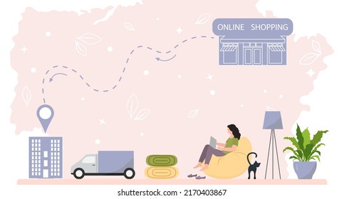 Vector illustration Woman uses a website on laptop to order fabric, blankets, towels. Online shopping. Ordering items and products on the Internet. Fast delivery from the store. Shop online from home