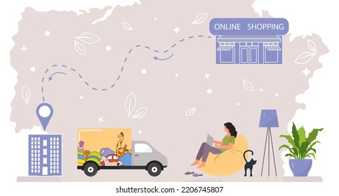 Vector illustration Woman uses a website on laptop to order the children's toys. Online shopping. Ordering items and products on Internet. Fast delivery by car from the store. Shop online from home