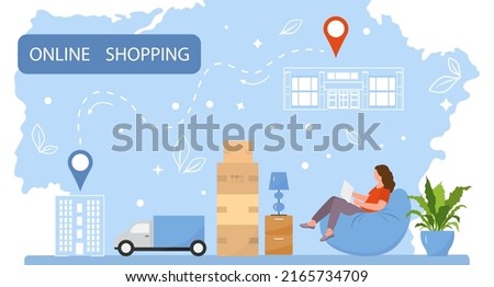 Vector illustration Woman uses a website on laptop to order products. Online shopping. Ordering items on the Internet. Fast delivery from the store. Shop online from home.