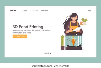 Ilustración vectorial de una mujer usando una impresora de alimentos 3D, enfocada en crear una forma de zanahoria. La Imagen captura la tecnología moderna en la preparación de alimentos, destacando la innovación y el diseño.