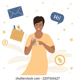 Ilustración vectorial Mujer usando la aplicación para la comunicación, pago en el teléfono celular. Notificación a los medios sociales. Flujo de información, comunicación por internet a través de mensajería, transferencia de datos, mensajería instantánea en línea