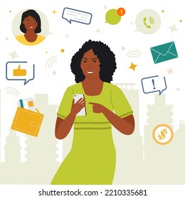 Vector illustration Woman using app for communication, payment on cell phone. Notification social media. Information flow, internet communication via messenger, data transfer, online instant messaging