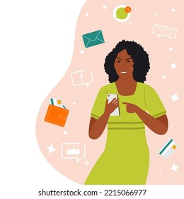 Ilustración vectorial Mujer usando la aplicación para la comunicación, pago en el teléfono celular. Notificación a los medios sociales. Flujo de información, comunicación por internet a través de mensajería, transferencia de datos, mensajería instantánea en línea