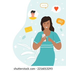 Ilustración vectorial Mujer usando la aplicación para la comunicación, pago en el teléfono celular. Notificación a los medios sociales. Flujo de información, comunicación por internet a través de mensajería, transferencia de datos, mensajería instantánea en línea