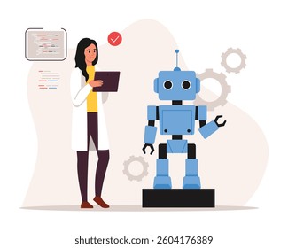 Vector illustration of woman using artificial intelligence. Cartoon scene of woman looking at tablet, working with robot assistant, isolated on white background. Software developer. Modern technology.