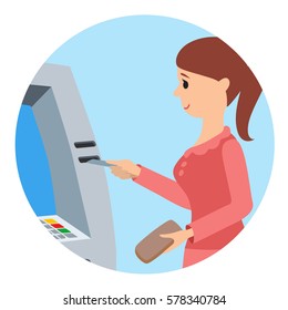 Vector illustration of woman using ATM machine in flat style isolated on white background.