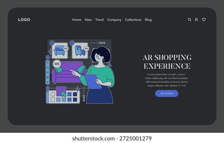 Ilustración vectorial de una mujer que usa la realidad aumentada para comprar muebles en línea. La interfaz muestra diferentes opciones de mobiliario y características de personalización.
