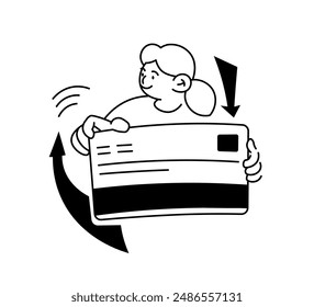 Vector illustration of a woman using a credit card, isolated on white background.