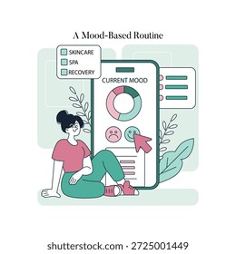 Ilustração vetorial de uma mulher usando um rastreador de humor digital. A tela do smartphone exibe opções de humor e sugestões personalizadas de bem-estar, como cuidados com a pele, spa e rotinas de recuperação.