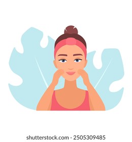 Vector illustration of a woman using a facial roller for skin care and massage routine.