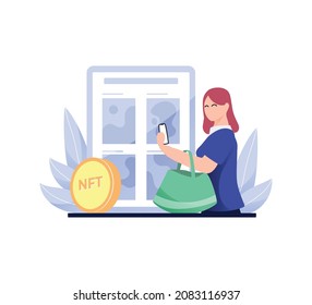 Vector illustration of woman using her phone for technology of selling NFT non-fungible tokens for cryptocurrency isolated on white background.