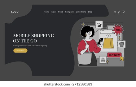 Ilustración vectorial de una mujer que usa su teléfono para compras móviles. Muestra iconos de compras como bolsos, ropa y descuentos en un diseño moderno, destacando la conveniencia y la tecnología.