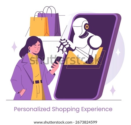 Vector illustration of a woman using her smartphone for a personalized shopping experience with an AI assistant. The robot extends its hand from a digital tablet, symbolizing modern e-commerce.