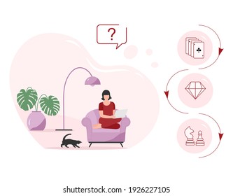 Vector illustration Woman using laptop for chooses which online game to play Choice of online entertainment Playing cards Chess Relaxing at home lifestyle concept Rest Hobby Design for web, app, print