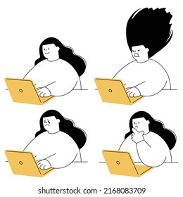 Vector illustration of a woman using a laptop. Emotional expression.