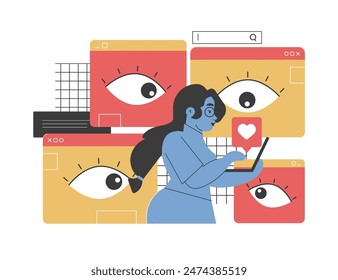 Vector illustration of a woman using a laptop surrounded by surveillance icons, highlighting online privacy risks and data protection. Emphasizes the importance of internet security and digital safety