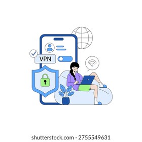Vector illustration of a woman using a laptop secured with VPN. The image features a smartphone with VPN settings, a globe symbolizing global connectivity, and a security shield.