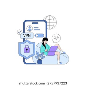 Vector illustration of a woman using a laptop with VPN symbols. She is sitting comfortably, depicting secure internet browsing. Elements like a smartphone, globe, and security icons are included.