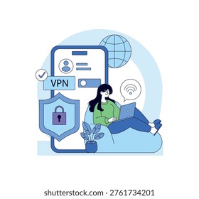 Vector illustration of a woman using a laptop with VPN for secure internet access. Includes a smartphone interface, security shield, and wireless signals in a digital setting.