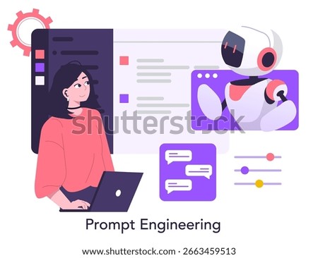 Vector illustration of a woman using a laptop, interacting with an AI robot. Concept symbolizes prompt engineering and human-technology collaboration in a modern digital workspace.