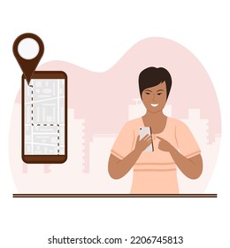 Vector illustration Woman using maps app on cell phone Girl trying to navigate terrain, building route Search by geolocation GPS navigator Tracking location of person Maps navigation with point marker