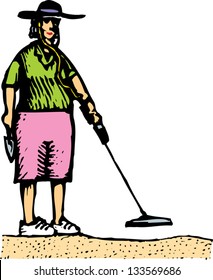Vector illustration of woman using metal detector