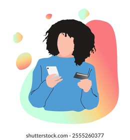 Vector illustration of a woman using a mobile phone and verifying with a card, symbolizing e-commerce, online payment, or digital transactions. Ideal for business, tech, and finance-related designs.