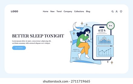 Vector illustration of a woman using a sleep tracking app on her smartphone showing sleep statistics and goals. The image promotes better sleep habits and tracking technology.