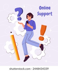 Ilustración vectorial de una mujer que utiliza el teléfono inteligente para la Asistencia en línea, con Elementos decorativos y tonos violetas sobre un fondo claro. Ilustración vectorial plana de dibujos animados