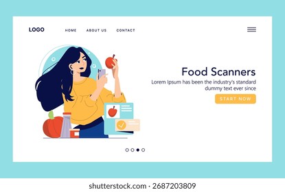 Ilustração vetorial de uma mulher usando um smartphone para escanear uma maçã em um contexto de interface da Web. Descreve a interação digital e a tecnologia na análise de alimentos para um conceito de design de aplicativo.